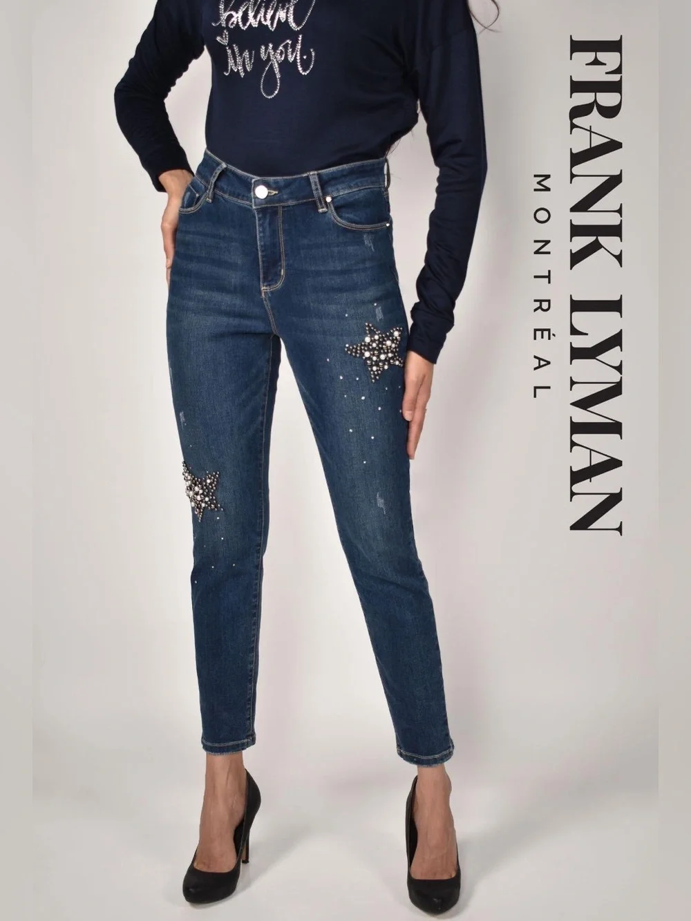 Frank Lyman Design Collection Embellished Dark Blue Skinny Jeans for Women XS